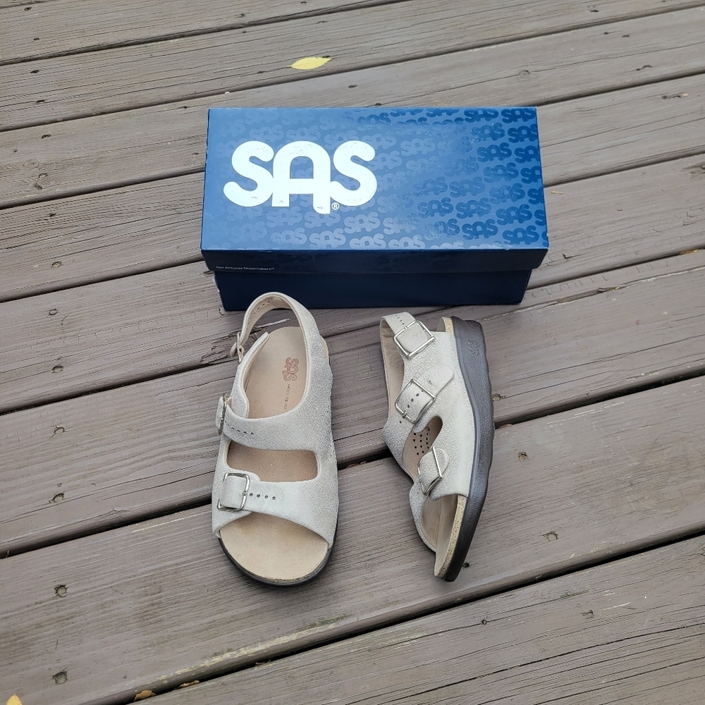 SAS Relaxed Web Linen Cream Leather Comfort Walking Sandals Woman's 7.5 Wide‎